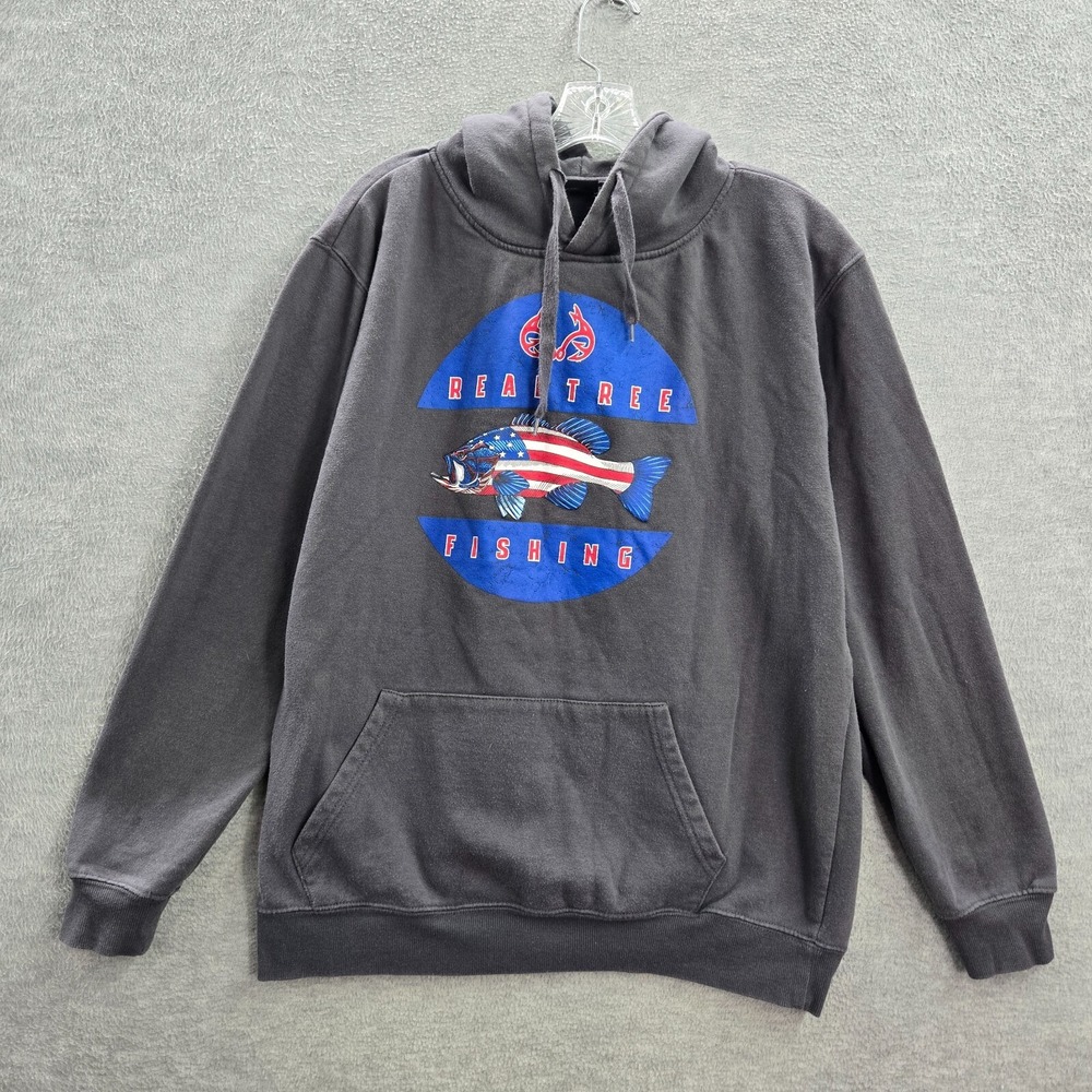Realtree Men Sweatshirt XL Gray Fishing American Flag Graphic Hoodie‎